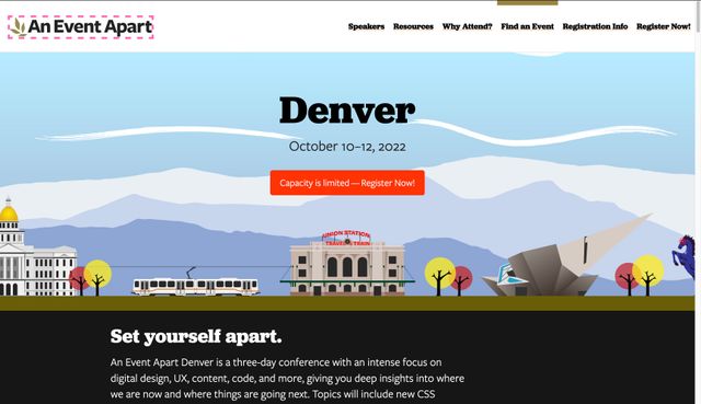 AEA Denver website with an hotpink dashed outline around only the logo