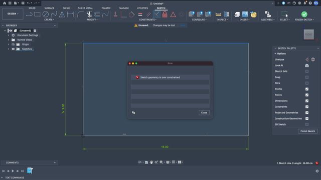 After trying to add another 'perpendicular' constraint
to one of the other right angles,
an error window pops up warning
that the sketch geometry is over constrained -
even though the lines are already perpendicular