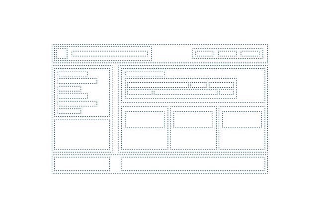 Wireframe of a website with nested blue boxes, all of them have dashed borders