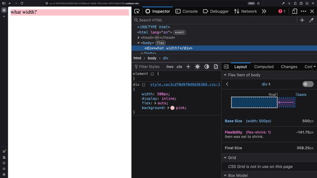 In the firefox dev tools, with the parent element providing a flex container, we get a diagram that shows a 500px flex-basis (provided by the width value) and then 141.75px of flexible shrinkage to get a final size of 358.25px.