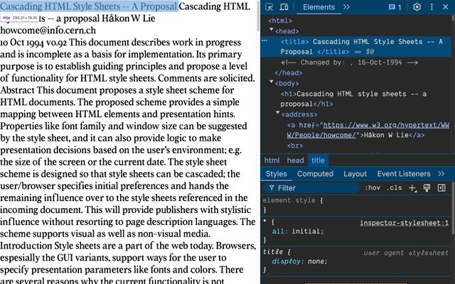 Proposal email with dev tools open and * { display: inline; } applied, inspecting the title element in the document head, which is now visible on the page before the h1 that starts the email.