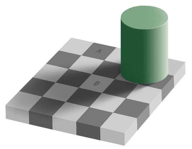 A cylinder casts a shadow across a chess board, creating an optical illusion - a dark square outside the shadow (A) and a light square inside (B) are actually the same shade of gray