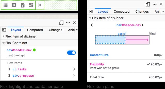 The Flex highlighter, Flex Container pane, and Flex Item pane in Firefox developer tools