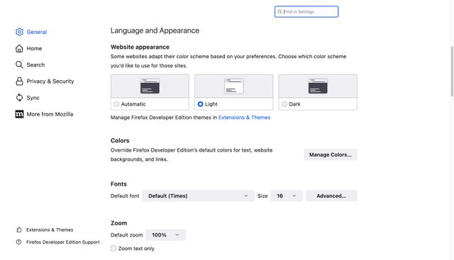 Language and appearance preferences in Firefox include light/dark mode, colors, fonts, and zoom level