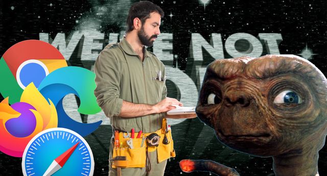 We're Not Alone, with browser logos, a guy in construction clothes carrying a laptop, and ET