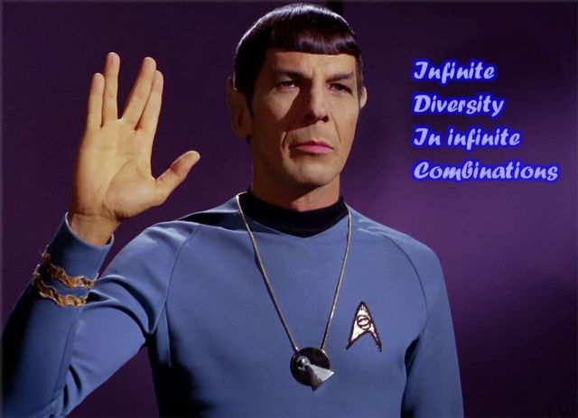 Infinite diversity in infinite combinations, Spock wearing a medallion triangle on circle and giving the Vulcan salute