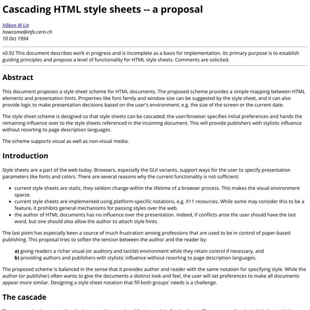 Cascading HTML style sheets -- a proposal, Håkon W Lie, 10 Oct 1994