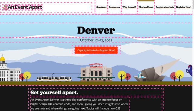 AEA Denver website with an hotpink dashed outline around every element on the page