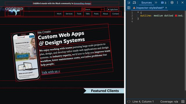 OddBird.net with red outlines around every element on the page