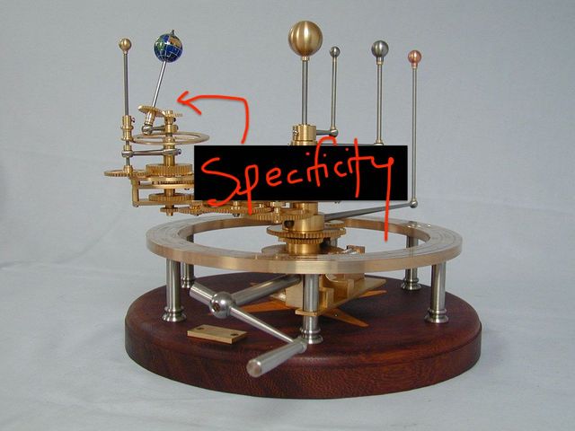 Clockwork orrery, with a scribbled arrow pointing to the earth tilt gears labeled 'specificity'