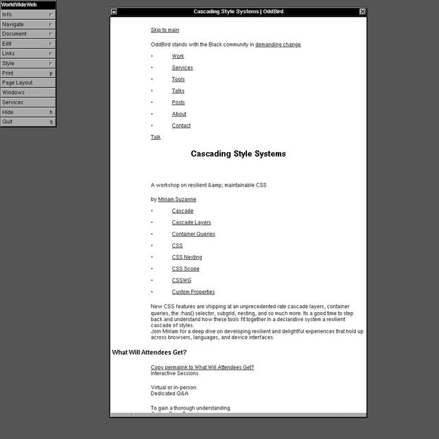 Workshop page on oddbird.net displayed as black and white text on the WWW browser emulator